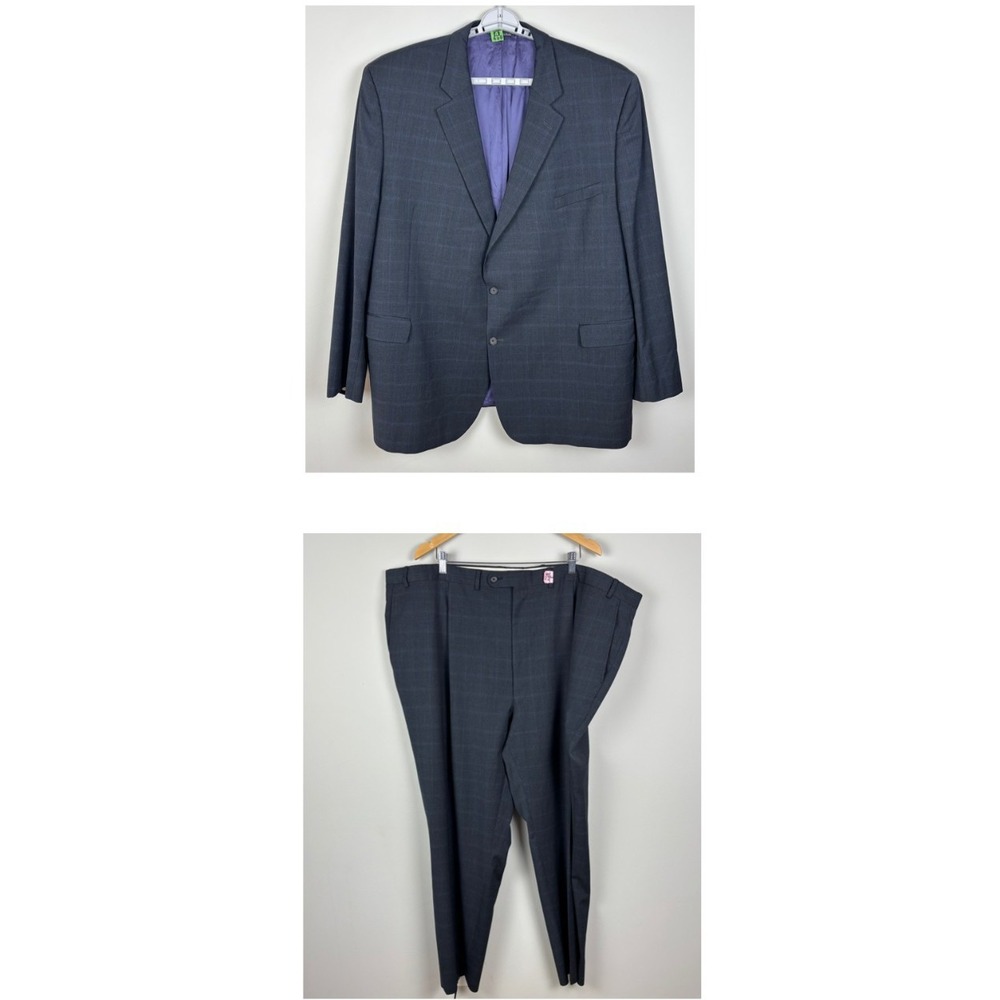 Jack Victor Suit Jacket Mens 56L Pants 52x31 Gray Windowpane Wool Reflex Stretch